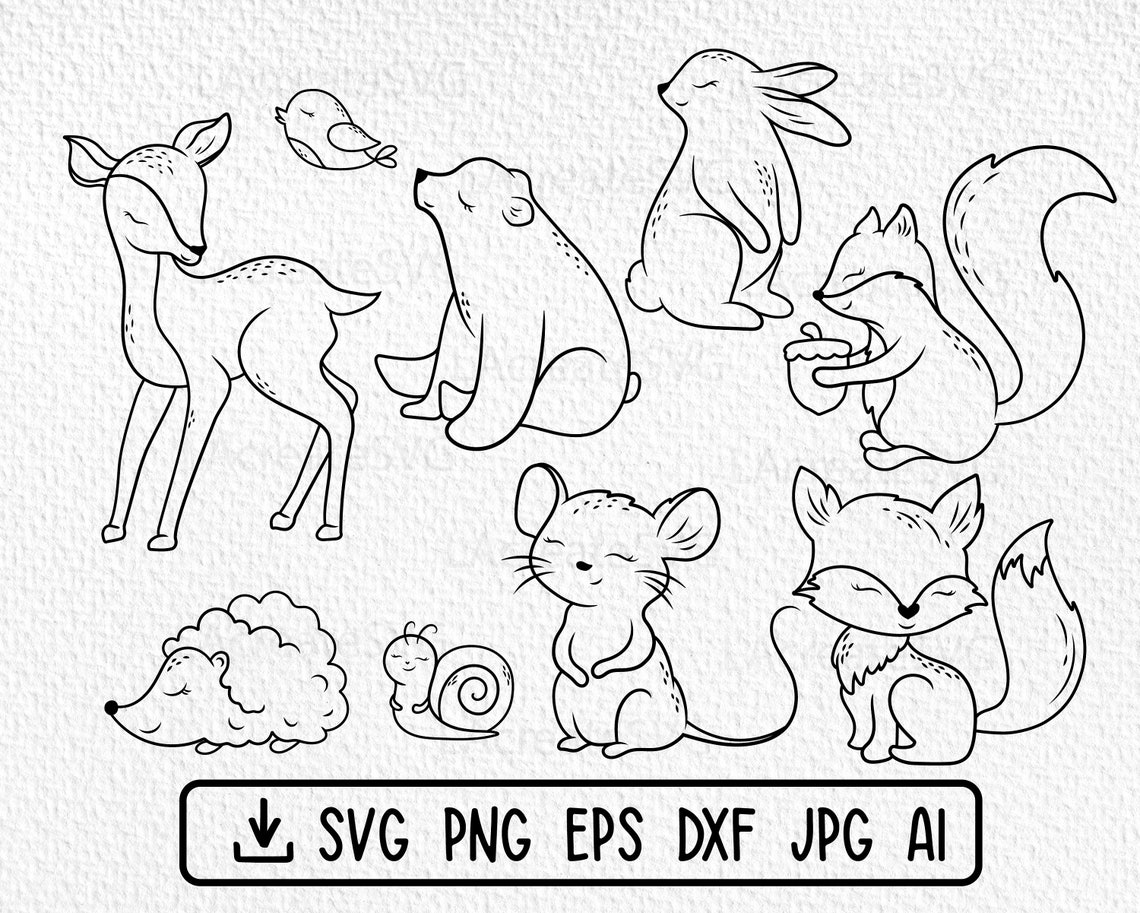 Wild Cute Animals Bundle SVG PNG DXF, Fox Deer Bear Mouse Bunny Outline ...