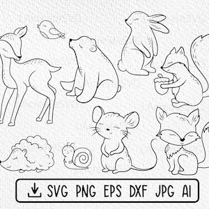 Animaux mignons sauvages bundle SVG PNG DXF, Renard cerf ours souris lapin Outline Cut fichiers Clipart, Animaux de la forêt svg, Fichier de traceur d’animaux des bois