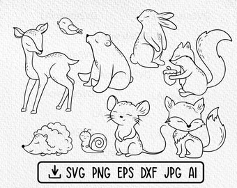 Paquete de animales lindos salvajes SVG PNG DXF, Fox ciervo oso ratón conejito Contorno Cortar archivos Clipart, Animales del bosque svg, Archivo de trazador de animales del bosque