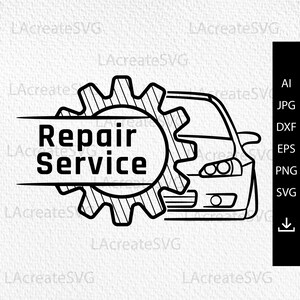 May include: Black and white line art illustration of a car with a gear and the words "Repair Service" in a banner.