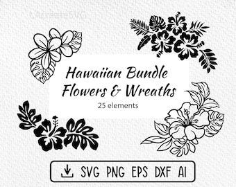 Hawaiian flowers wreath Svg file, Hibiscus flower clipart, Aloha Ohana SVG, Tropical Flower Svg Png Silhouette, Hawaiian wedding wreath