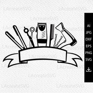 May include: Black and white illustration of a barber shop logo featuring a banner and various tools including a pair of scissors, a comb, a hair clipper, and a hair dryer.