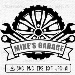 メカニック ロゴ SVG PNG カット ファイル、ホイール SVG、車のタイヤ SVG、レンチ 車修理 SVG、自動車整備士ツール SVG、車両ロゴ、お父さんガレージ SVG