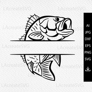 May include: Black and white line art illustration of a bass fish with its mouth open. The fish is split in half horizontally with a blank space in the middle for text. The fish is facing to the right.