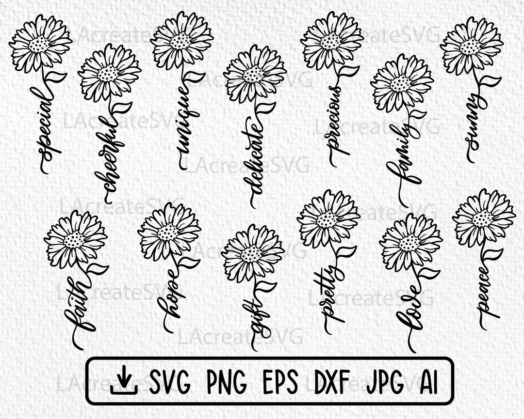 Daisy Flowers Words SVG PNG DXF, Wildflower Stem, Floral Inspirational