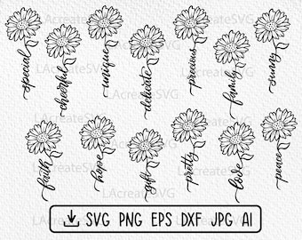 Daisy flowers words SVG PNG DXF, Wildflower stem, Floral Inspirational saying, Botanical quotes Cut file, Wild flower svg bundle, Daisy