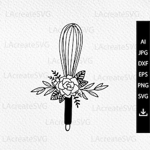 May include: Black and white line art illustration of a whisk with a floral bouquet around the handle. The bouquet includes a large rose and smaller leaves.