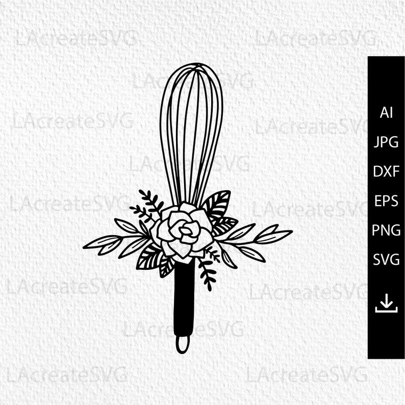May include: Black and white line art illustration of a whisk with a floral bouquet around the handle. The bouquet includes a large rose and smaller leaves.