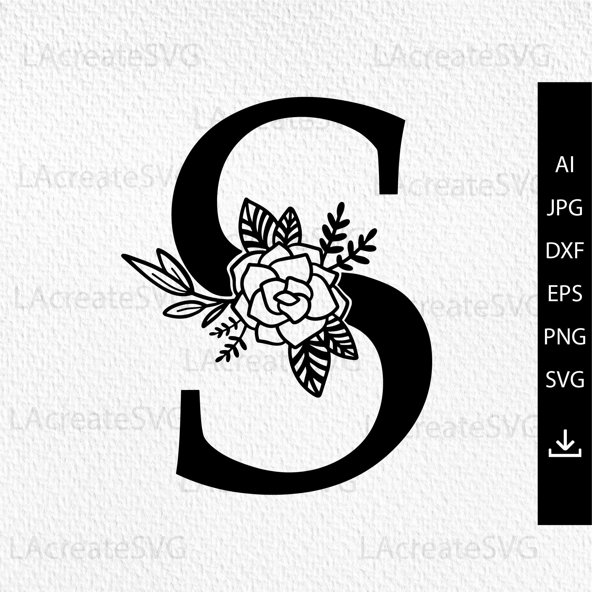 Letter S floral svg, Floral Alphabet SVG, Flower letter S Monogram Cut  File, Botanical Letter S PNG DXF stencil, Silhouette Cut File