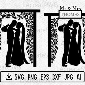 Op de afbeelding: Zwarte en witte silhouet van een huwelijksboog met een stel dat eronder staat. De boog is versierd met bladerenranken. De tekst "Mr & Mrs THOMAS" staat boven de boog.