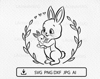 Cute Bunny mom and baby circle wreath SVG PNG file, Rabbit family SVG, Kids shop logo, Easter bunny craft ideas for kids
