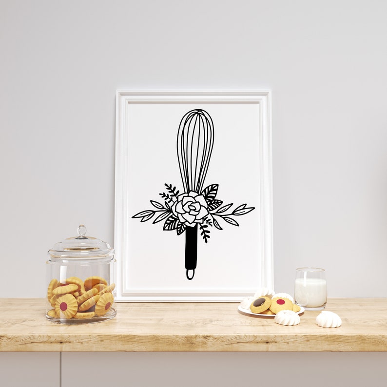 May include: A black and white illustration of a whisk with a floral design. The whisk is surrounded by leaves and a single rose.