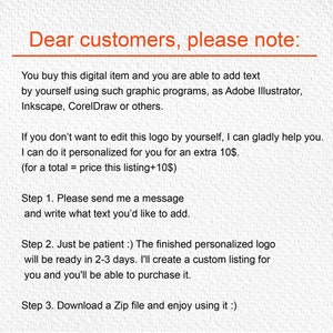 May include: Text-based instructions for customers on how to personalize a digital logo. The instructions explain that customers can edit the logo themselves using graphic design software or request a personalized version for an additional fee. The text also includes information about the turnaround time for personalized logos and how to download the digital file.