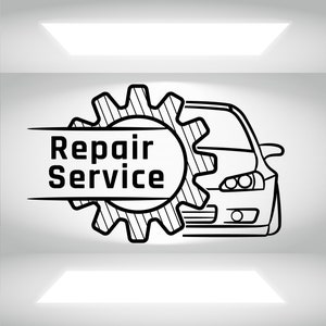 May include: Black and white line art illustration of a car with a gear and the words "Repair Service" on a white background.