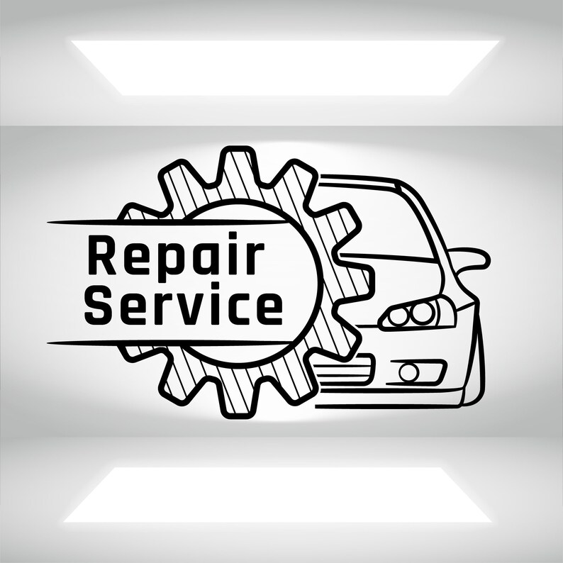 May include: Black and white line art illustration of a car with a gear and the words "Repair Service" on a white background.
