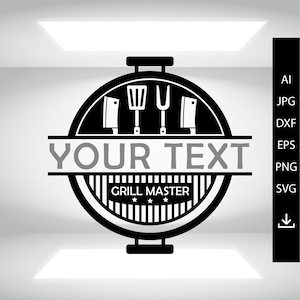 Może przedstawiać: Czarno-biały projekt logo przedstawiający grill z łopatką, widelcem i dwoma nożami. Tekst "YOUR TEXT" znajduje się nad grillem, a "GRILL MASTER" pod grillem z dwoma gwiazdami.