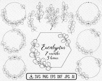 Eucalyptus Bundle Svg Png Dxf Cut file, Eucalyptus SVG Circle Wreath, Eucalyptus branch leaves Svg Clipart Botanical minimalist round wreath