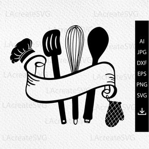May include: Black and white illustration of kitchen utensils, including a whisk, a wooden spoon, a spatula, a chef's hat, and an oven mitt. The utensils are arranged around a blank banner.