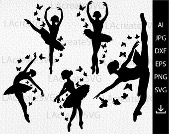 May include: Silhouette of four ballerinas in black, each with a tutu and surrounded by butterflies. The ballerinas are in various poses, including a leap, a pose with arms outstretched, and a pose with one leg extended.