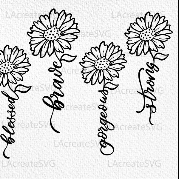 Wildflower bundle SVG PNG DXF Blessed Brave Gorgeous Strong Svg file Cricut Silhouette, Floral inspirational saying, Trendy t shirt design