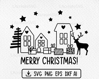 Merry Christmas Winter home decor Svg Png Dxf, Houses Deer Xmas tree design cut file, Xmas plotter file, Holidays design house decoration