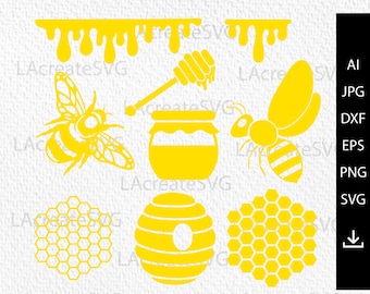 Honey Bee Svg Bundle, Honey Drips Svg, Honeycomb Svg, Dripping Borders Svg, Hexagon Svg, Honey hive Svg, Png, Dxf, Eps Silhouette
