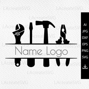 May include: Black and white silhouette of a wrench, screwdriver, hammer, and pliers with the text "Name Logo" below. The tools are arranged horizontally with the handles pointing upwards.