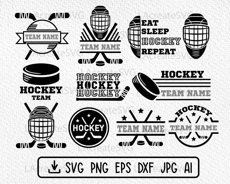 May include: A selection of black and white hockey-themed graphics. Designs include hockey pucks, helmets, crossed hockey sticks, and text that reads "Team Name," "Eat Sleep Hockey Repeat," and "Hockey Team." File formats include SVG, PNG, EPS, DXF, JPG, and AI.