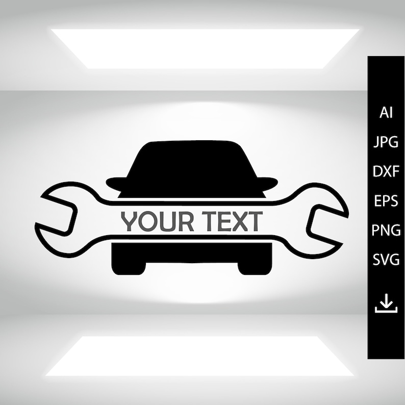 May include: Black and white silhouette of a car with a wrench on either side. The wrench has the text "YOUR TEXT" on it.