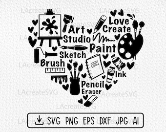 Artist Paint Love Heart Svg Png Silhouette Cut file, Art palette Svg, Creative pr Painting, Artist supplies Svg, Paint brush, Art Teacher