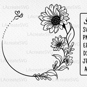 Arquivo Svg de guirlanda de círculo de flores, guirlanda redonda de abelha de girassol, moldura redonda floral Svg Png, pensionista de casamento svg, guirlanda de monograma de flores de verão