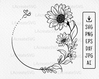 Flowers Circle wreath Svg file, Sunflower Bee Round wreath, Floral round frame Svg Png, Wedding boarder svg, Summer flowers Monogram wreath