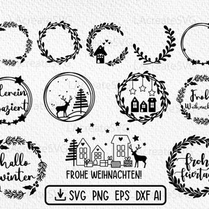 Weihnachten Kreis Kranz Bundle SVG Dxf Png, Winter runden Rahmen Clipart, Frohe Weihnachten deutsche Plotterdatei, Weihnachtsgeschenk Etiketten