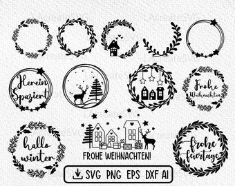 Christmas circle wreath bundle Svg Dxf Png, Winter round frame clipart,  Frohe Weihnachten German plotter file, Xmas Gift labels