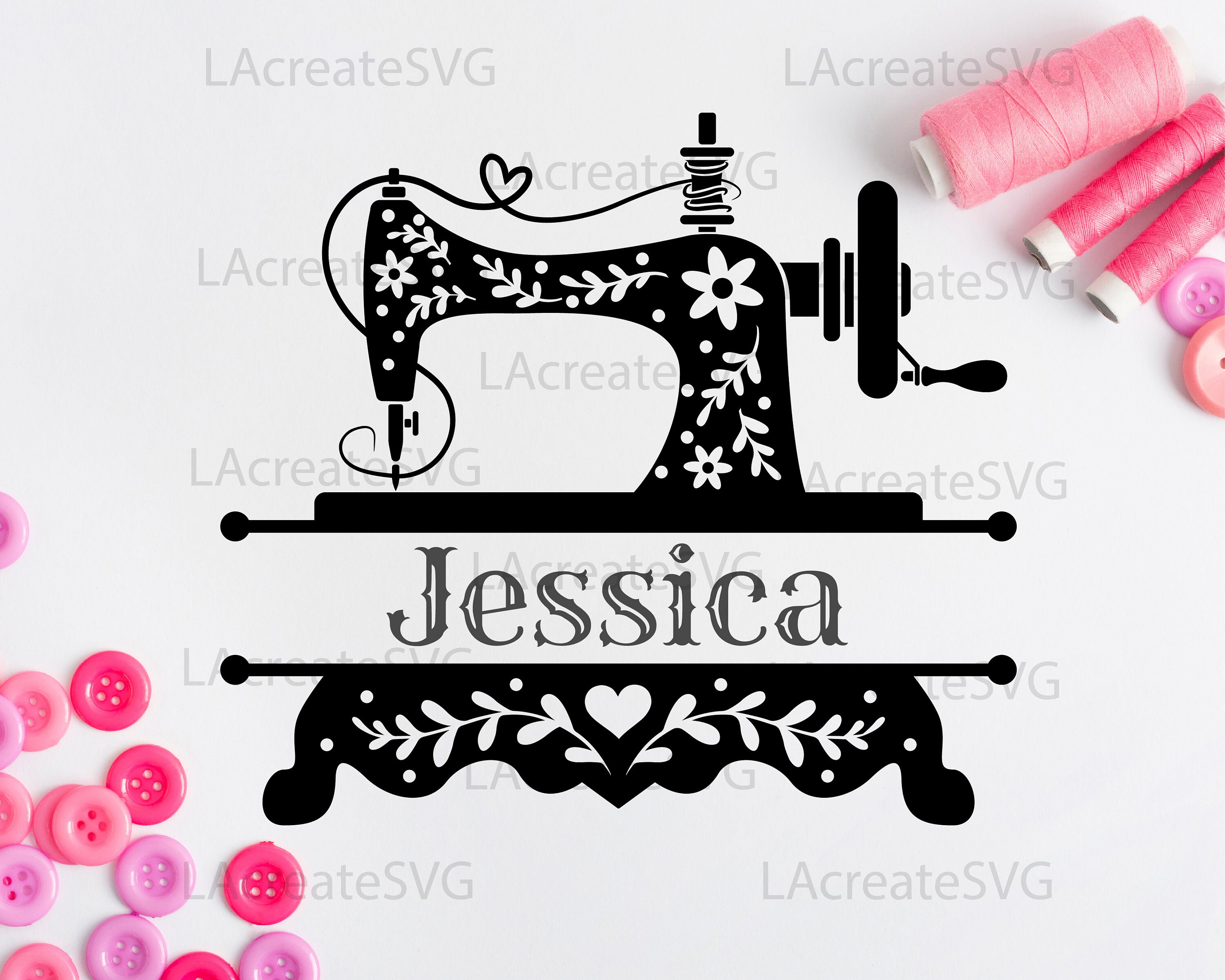 Sewing Machine Logo SVG PNG DXF, Sewing Split Monogram Frame