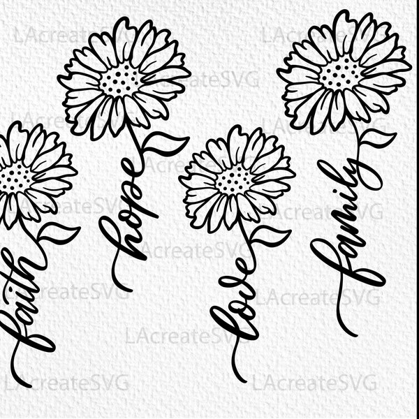 Faith Flower Svg Bundle - Faith Hope Love Family SVG, Daisy flower svg, Wildflower stem Svg, Christian SVG PNG, Floral sayings svg