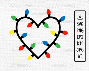 Christmas lights Heart SVG Xmas garland SVG PNG Dxf Cutting file, String of Lights, Love Christmas Silhouette, Winter holiday light bulb svg