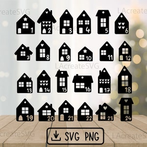 May include: Black silhouette advent calendar houses with numbers 1-24. Each house has a unique design, including hearts, stars, and windows. The image also includes the text "LAcreateSVG" and the file type options "SVG PNG".