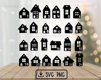 Christmas houses Advent Calendar Numbers 1-24, Gift Tags Labels Svg Png Plotter Cut file, Christmas ideas DIY svg
