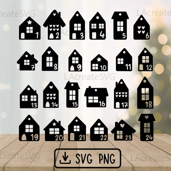 Christmas houses Advent Calendar Numbers 1-24, Gift Tags Labels Svg Png Plotter Cut file, Christmas ideas DIY svg