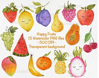 Happy Cute Fruits - 15 PNG Clipart, Watercolor Lemon Apple Strawberry Digital Download, Summer fruits Art set, Fruit illustration for kids