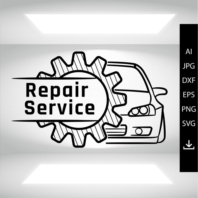 May include: Black and white line art illustration of a car with a gear and the words "Repair Service" on a banner.