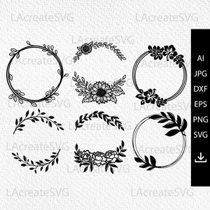 Könnte beinhalten: Set mit 9 schwarzen und weißen floralen Kranz-SVG-Schnittdateien. Die Kränze zeigen verschiedene florale Designs, darunter Sonnenblumen, Hibiskus und Rosen.