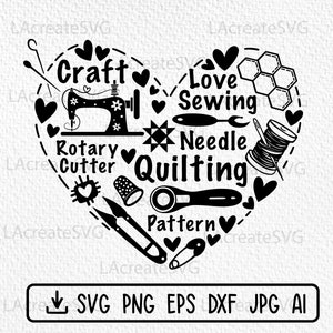 Peut inclure: Illustration en noir et blanc d'un cœur rempli d'outils et de fournitures de couture et de quilting. Le cœur comprend une machine à coudre, un cutter rotatif, une aiguille, du fil, un dé à coudre et un patron. Le texte "Craft", "Love Sewing", "Rotary Cutter", "Needle Quilting", et "Pattern" est inclus dans le design.