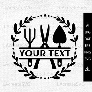 May include: Black and white silhouette of gardening tools, including a trowel, shears, and a rake, inside a wreath of leaves. The text "YOUR TEXT" is displayed on a banner below the tools.