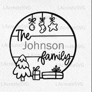 Fichier coupé svg de couronne de Noël, Monogramme divisé de la famille SVG PNG DXG, Nom svg, Ornement de Noël svg, Couronne ronde personnalisable svg