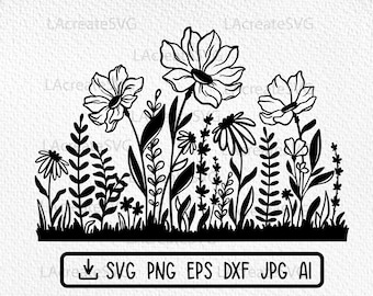 Flower Meadow SVG, Wildflowers svg cut file, Simply floral bouquet Svg Png Dxf, Minimalist flower svg, Daisy Floral Border Tshirt svg