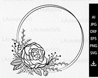 Floral Wreath circle SVG, Circle Monogram Floral Frame, Cutting Files for Wedding Frames, Peony Flower Border DXF Design Silhouette