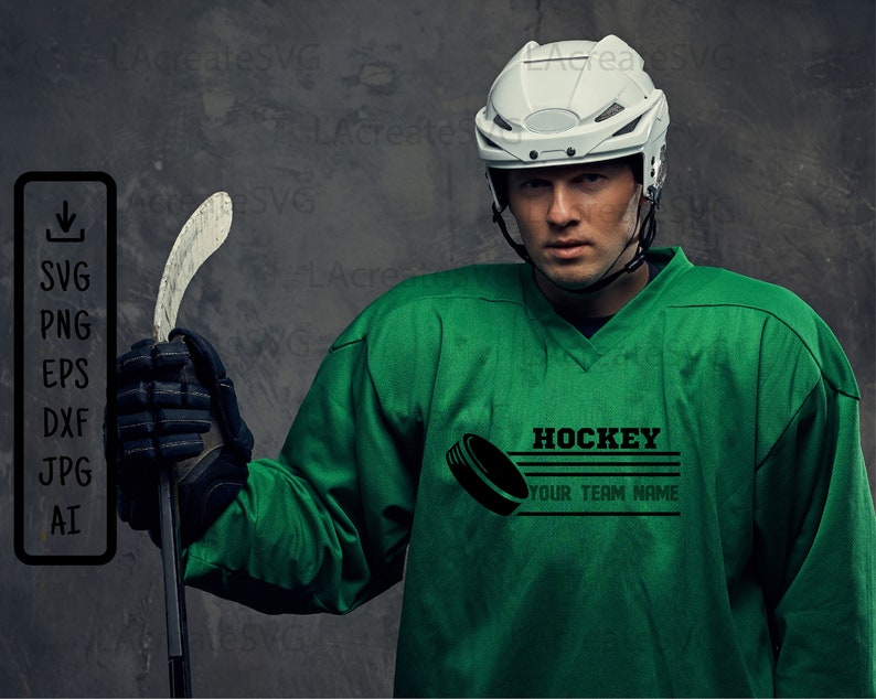 May include: A hockey player in a green jersey and white helmet, holding a hockey stick. The jersey features the word "HOCKEY" and "YOUR TEAM NAME", plus a hockey puck graphic. File format options are also shown.