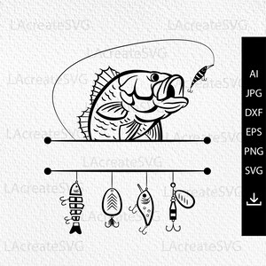 Bas split Fishing logo monogram Svg PNG DXF Vissen logo ontwerp, Vis op haak Clipart, Vis voor aas svg Spinner Haak svg Vissen hobby svg